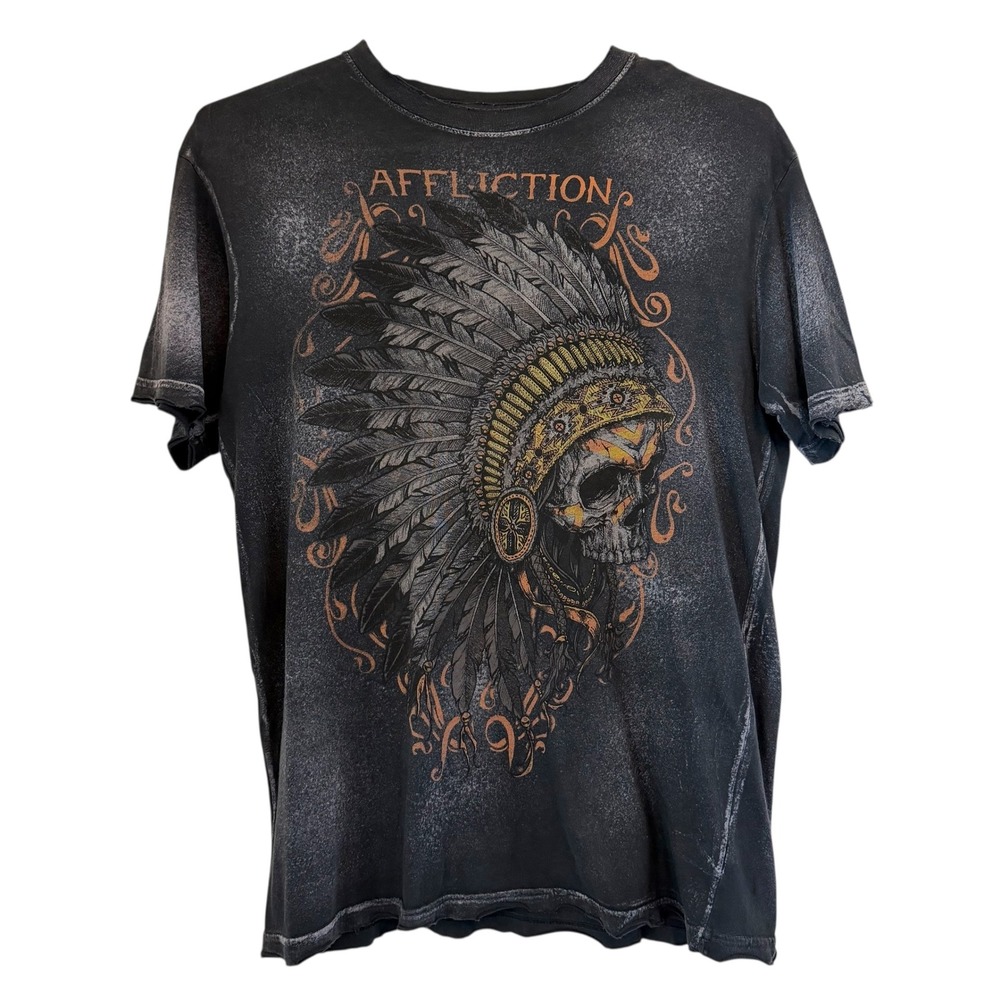 Affliction T Shirt Large Skull Native American Headdress Tee Distressed Black‎